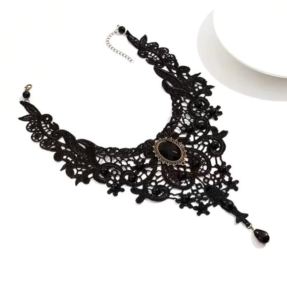 Choker Collar Necklace Black Lace Beads Cameo Rave Scene Vamp Sexy Goth Trendy - Picture 5 of 6